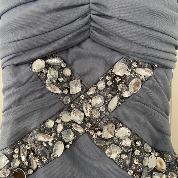 B. Darlin Strapless Gray Rhinestone Long Dress - Picture 2 of 8